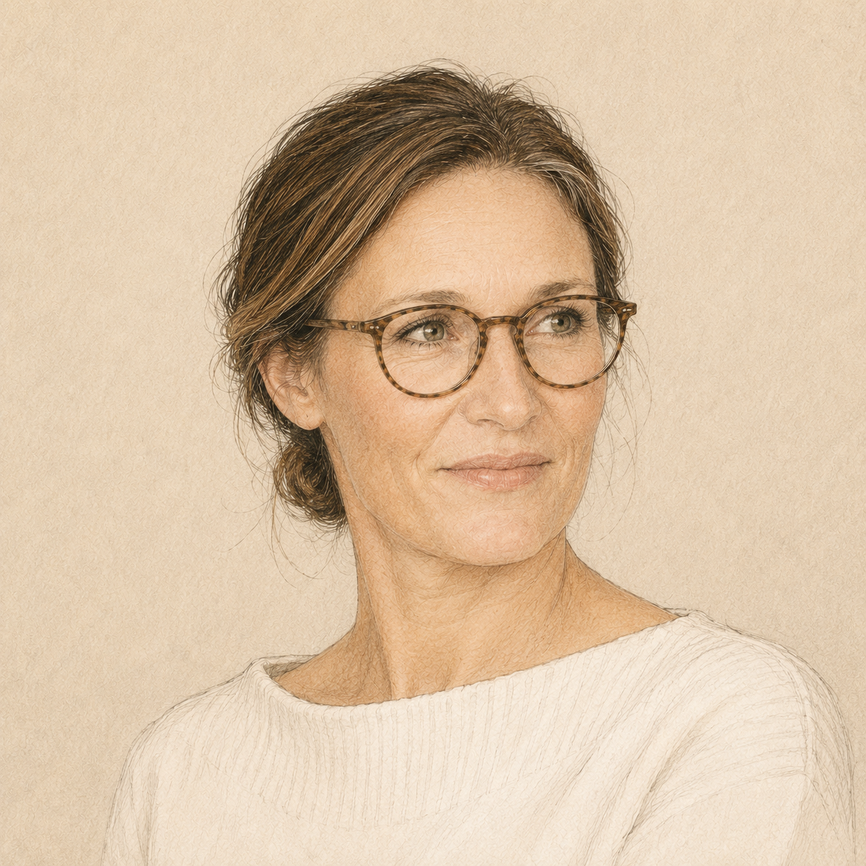Illustrated head-and-shoulders portrait of Mia Wagner wearing a white blouse and glasses, against a warm beige background.