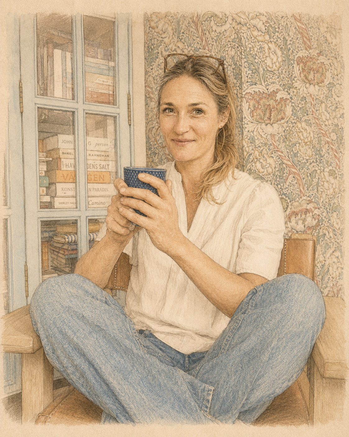 Illustration of Mia sitting cross-legged in a chair, holding a blue ceramic mug, with bookshelves and floral wallpaper behind her.