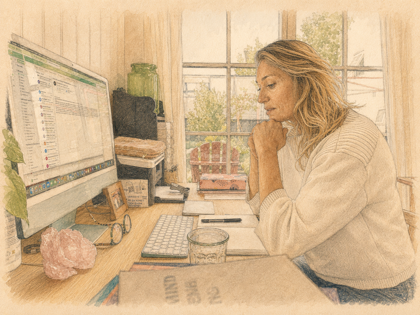 Illustration of Mia at her desk, chin resting on her hands, looking at an iMac, with books on the desk and a window view behind.
