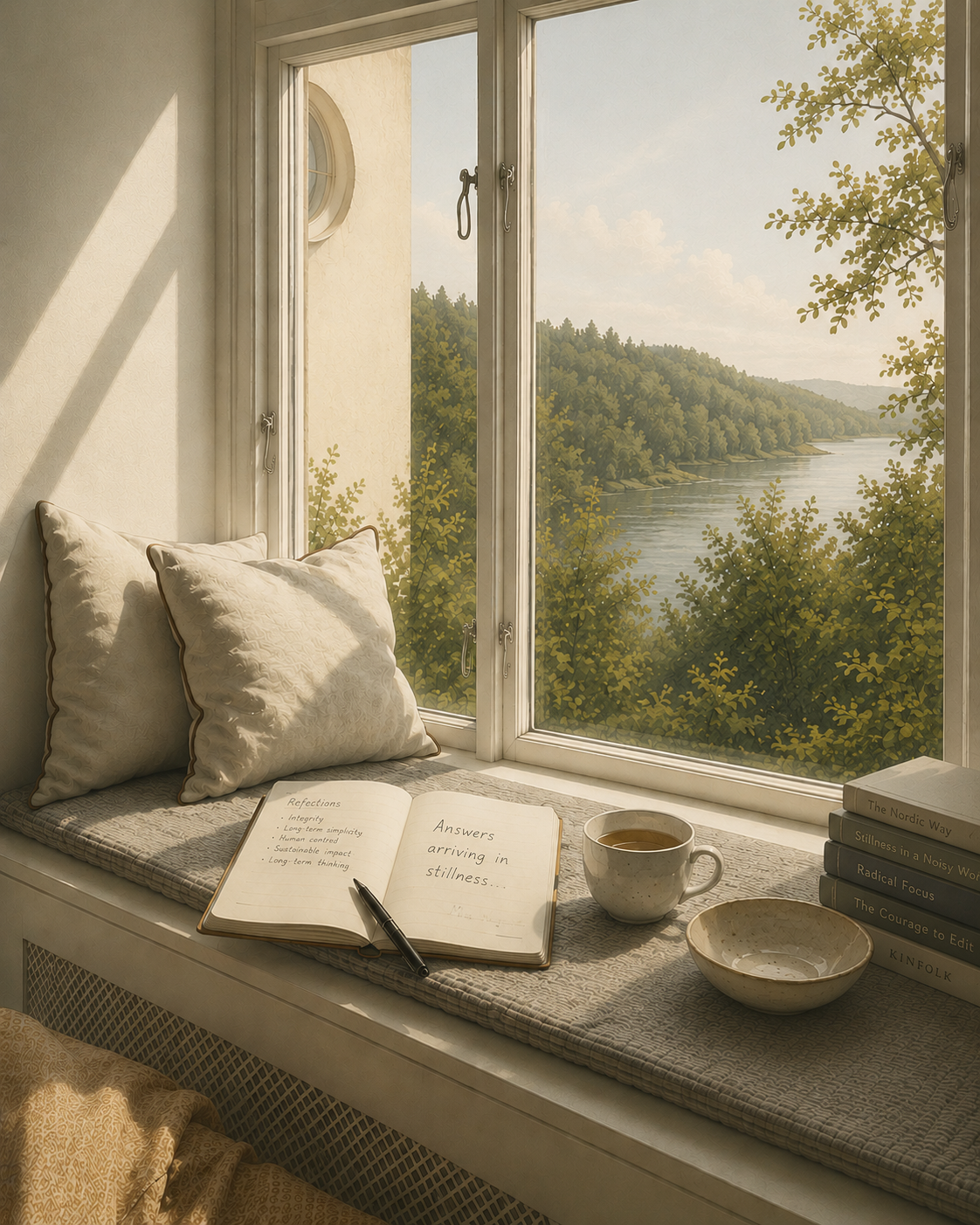 Illustration of a sunlit window seat with cushions, an open notebook reading 'Answers arriving in stillness', a small stack of books and a cup of tea, looking onto a river and trees.