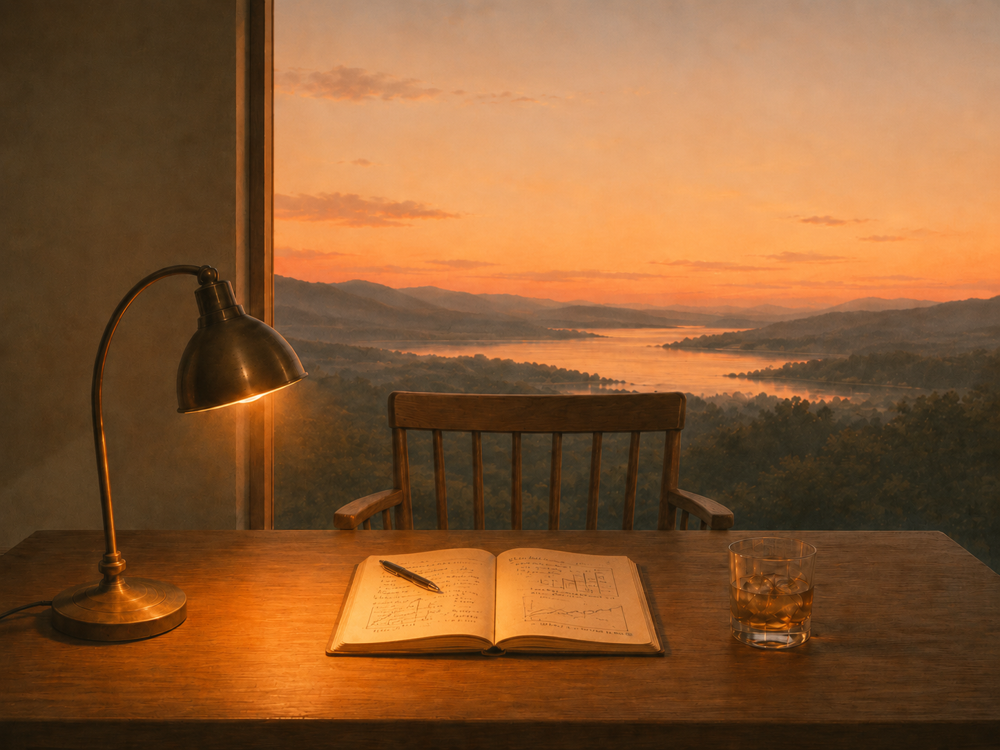 Illustration of a desk at dusk with a brass desk lamp, open notebook, a glass, and a sunset over hills and a river through a window.
